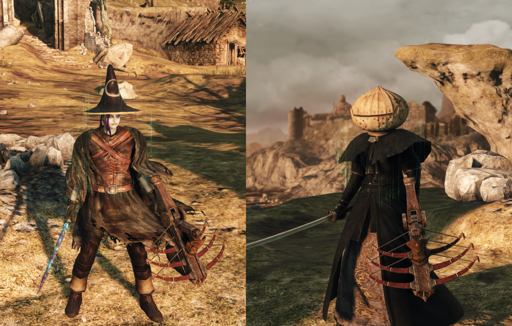 A screenshot of Dark Souls 2 Scholar of the First Sin showing my character in two different outfits: to the left they are wearing a wizard hat with astronomical symbols on it, as well as a cloak, a leather armor and boots, all in muted colors. To the right, their face is concealed by a bulky helmet resembling an onion, while the rest of their outfit is a black coat and a white skirt making an impression of a cleric.